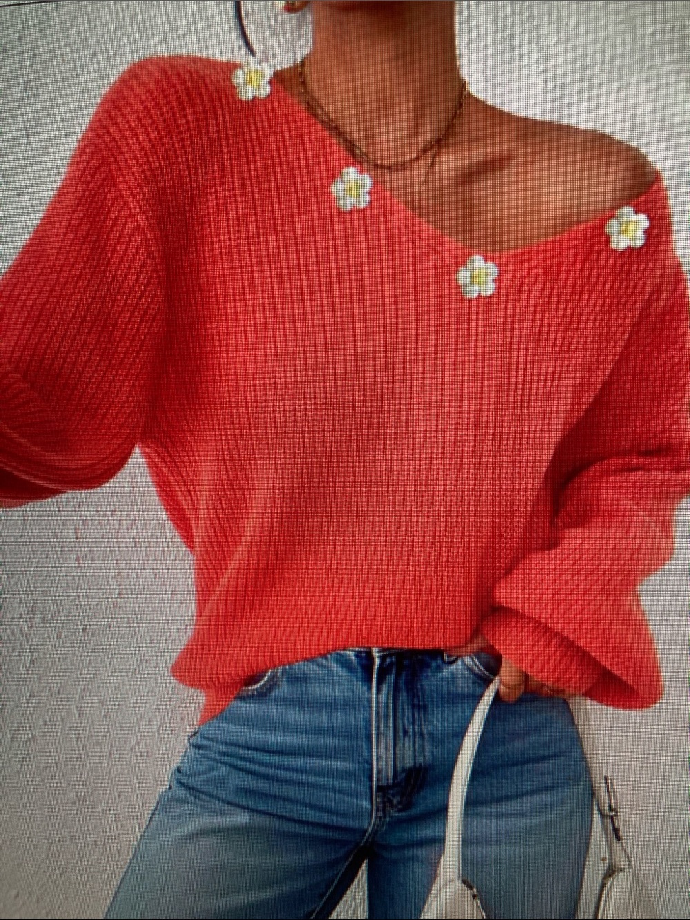 Oversized Coral V-Neck Knit Sweater